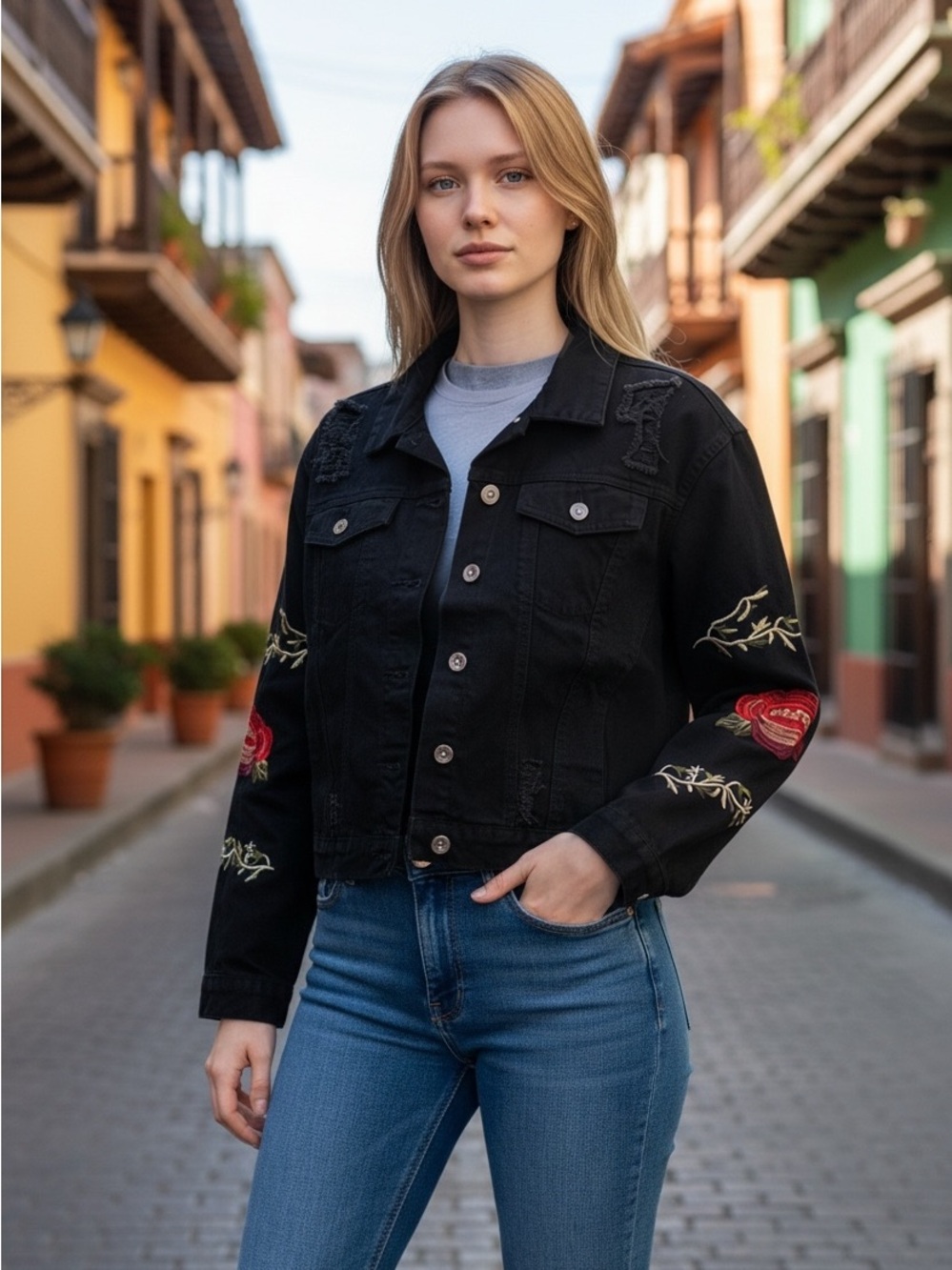 YOLO Black Embroidered Distressed Bomber Jacket with Rose Detail